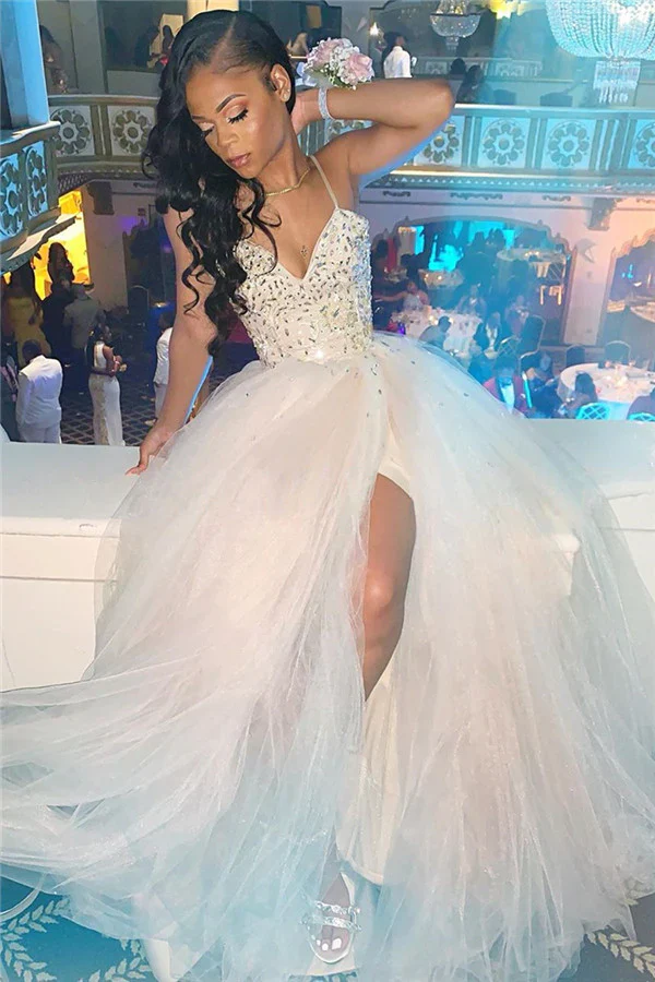 2023 Cheap A Line White Sweetheart Beaded Tulle Side Slit Prom Dresses     fg3133 - Image 2