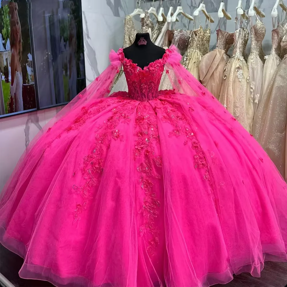 3D Flower Appliques Quinceanera Dresses Luxury Beads Cape Sleeve Prom Ball Gowns Puffy Princess Dress fg7503