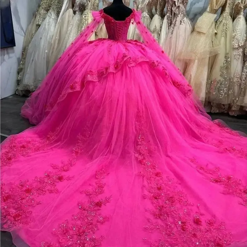3D Flower Appliques Quinceanera Dresses Luxury Beads Cape Sleeve Prom Ball Gowns Puffy Princess Dress fg7503 - Image 2