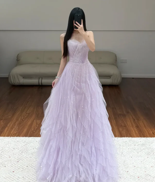 A Line Lilac Prom Party Dress Tulle Formal Gowns Evening Dress fg8680