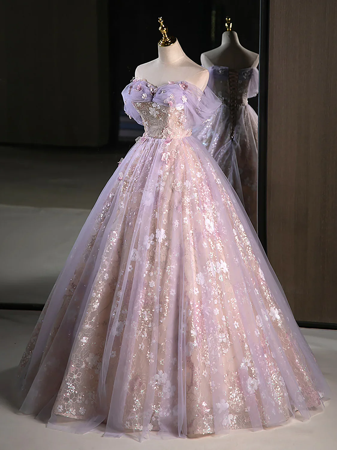 A-Line Off Shoulder Tulle Lace Purple Long Prom Dress, Purple Formal Dress      fg6578 - Image 3