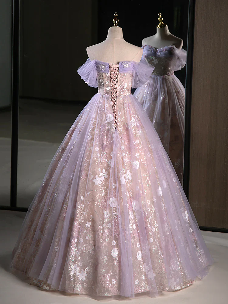 A-Line Off Shoulder Tulle Lace Purple Long Prom Dress, Purple Formal Dress      fg6578 - Image 4