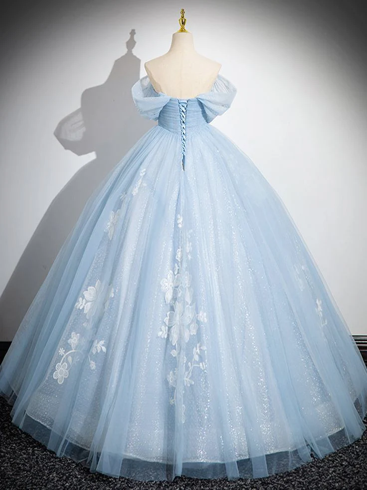 A-Line Off Shoulder Tulle Sequin Blue Long Prom Dress, Blue Sweet 16 Dress fg6727 - Image 3