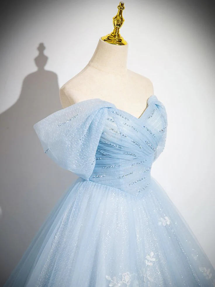 A-Line Off Shoulder Tulle Sequin Blue Long Prom Dress, Blue Sweet 16 Dress fg6727 - Image 4