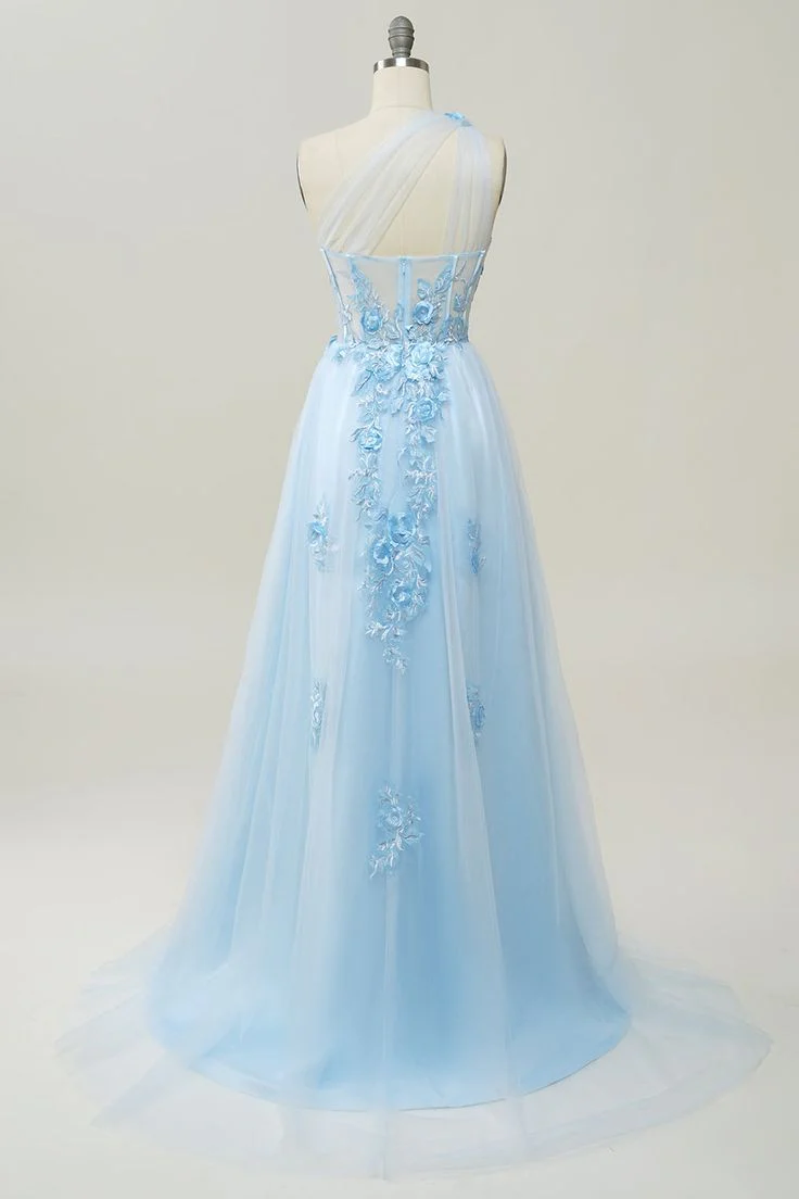A Line One Shoulder Sky Blue Long Prom Dress with Appliques        fg4713 - Image 2
