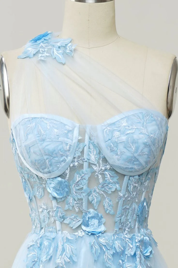 A Line One Shoulder Sky Blue Long Prom Dress with Appliques        fg4713 - Image 3