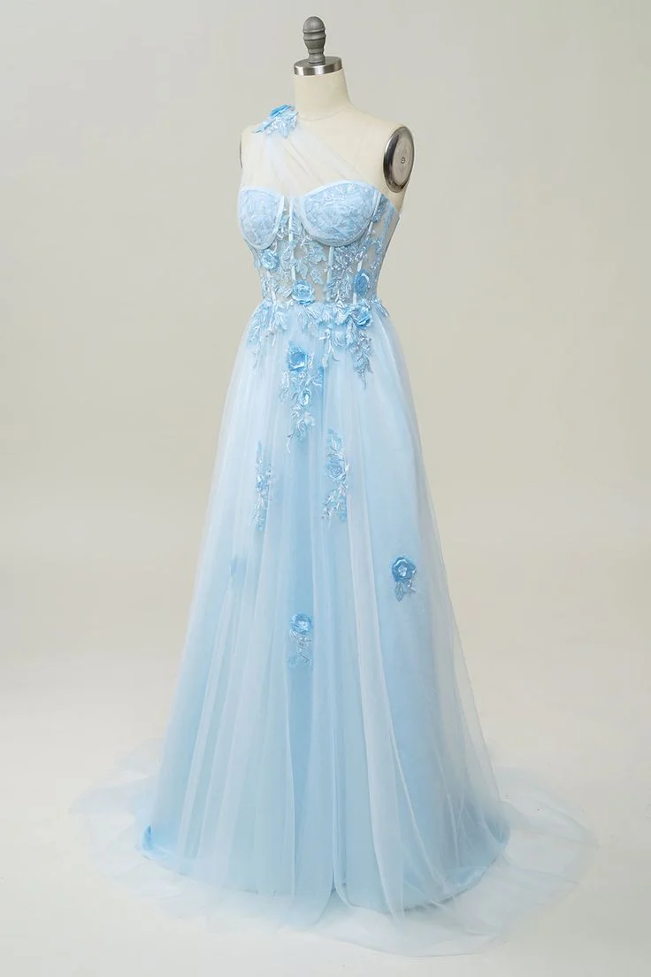 A Line One Shoulder Sky Blue Long Prom Dress with Appliques        fg4713 - Image 4