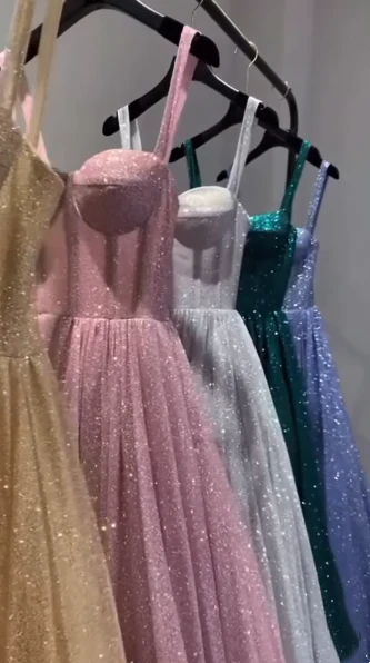 A Line Pink Spaghetti Straps Shinny Long Formal Dress Evening Party Dresses fg7759 - Image 4