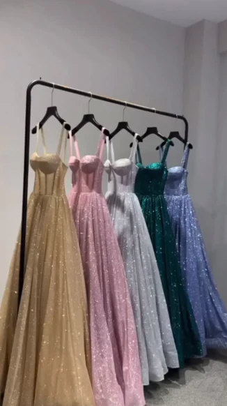 A Line Pink Spaghetti Straps Shinny Long Formal Dress Evening Party Dresses fg7759 - Image 6