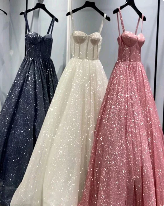 A Line Pink Spaghetti Straps Shinny Long Formal Dress Evening Party Dresses fg7759 - Image 7