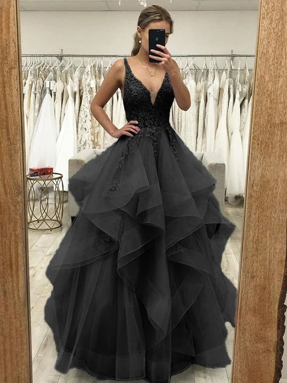 A-Line/Princess Tulle Applique V-neck Sleeveless Floor-Length Dresses Prom Dress fg4509 - Image 2