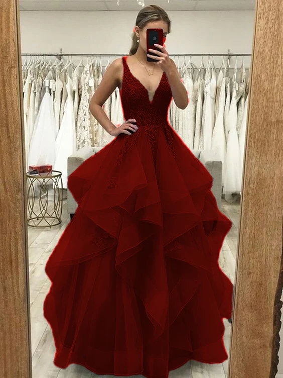 A-Line/Princess Tulle Applique V-neck Sleeveless Floor-Length Dresses Prom Dress fg4509 - Image 3