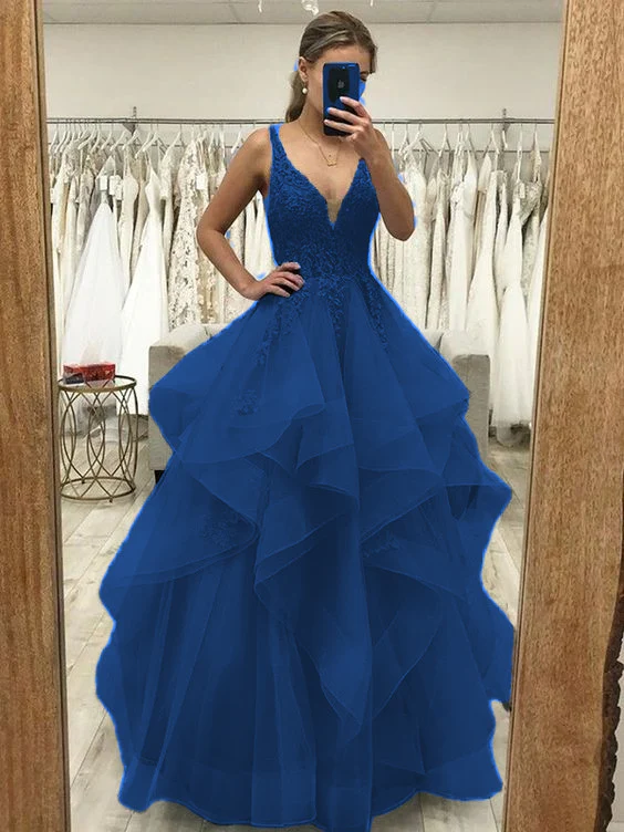 A-Line/Princess Tulle Applique V-neck Sleeveless Floor-Length Dresses Prom Dress fg4509 - Image 4