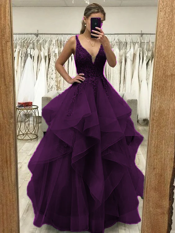 A-Line/Princess Tulle Applique V-neck Sleeveless Floor-Length Dresses Prom Dress fg4509 - Image 5