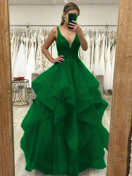 A-Line/Princess Tulle Applique V-neck Sleeveless Floor-Length Dresses Prom Dress fg4509 - Image 6