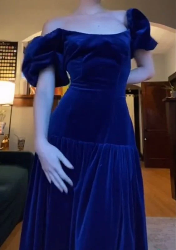 Vintage Blue Prom Dresses Elegant Dress Velvet Prom Gown fg4618 - Image 2
