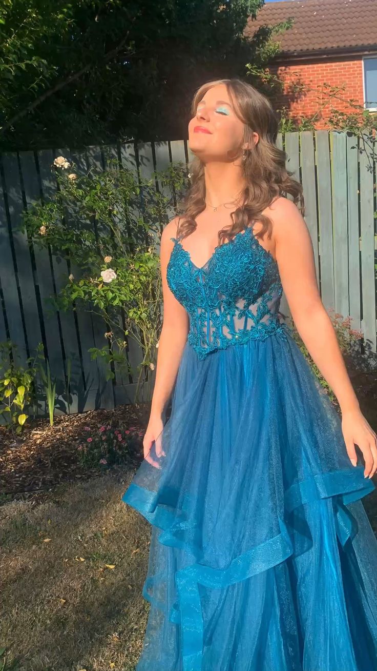 A-line Spaghetti Straps V Neck Tulle Lace Long Prom Dress Formal Dress fg4302 - Image 2