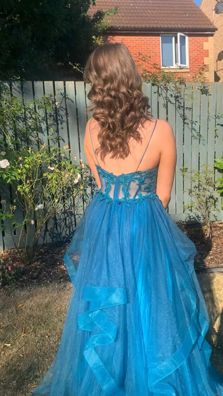 A-line Spaghetti Straps V Neck Tulle Lace Long Prom Dress Formal Dress fg4302 - Image 3