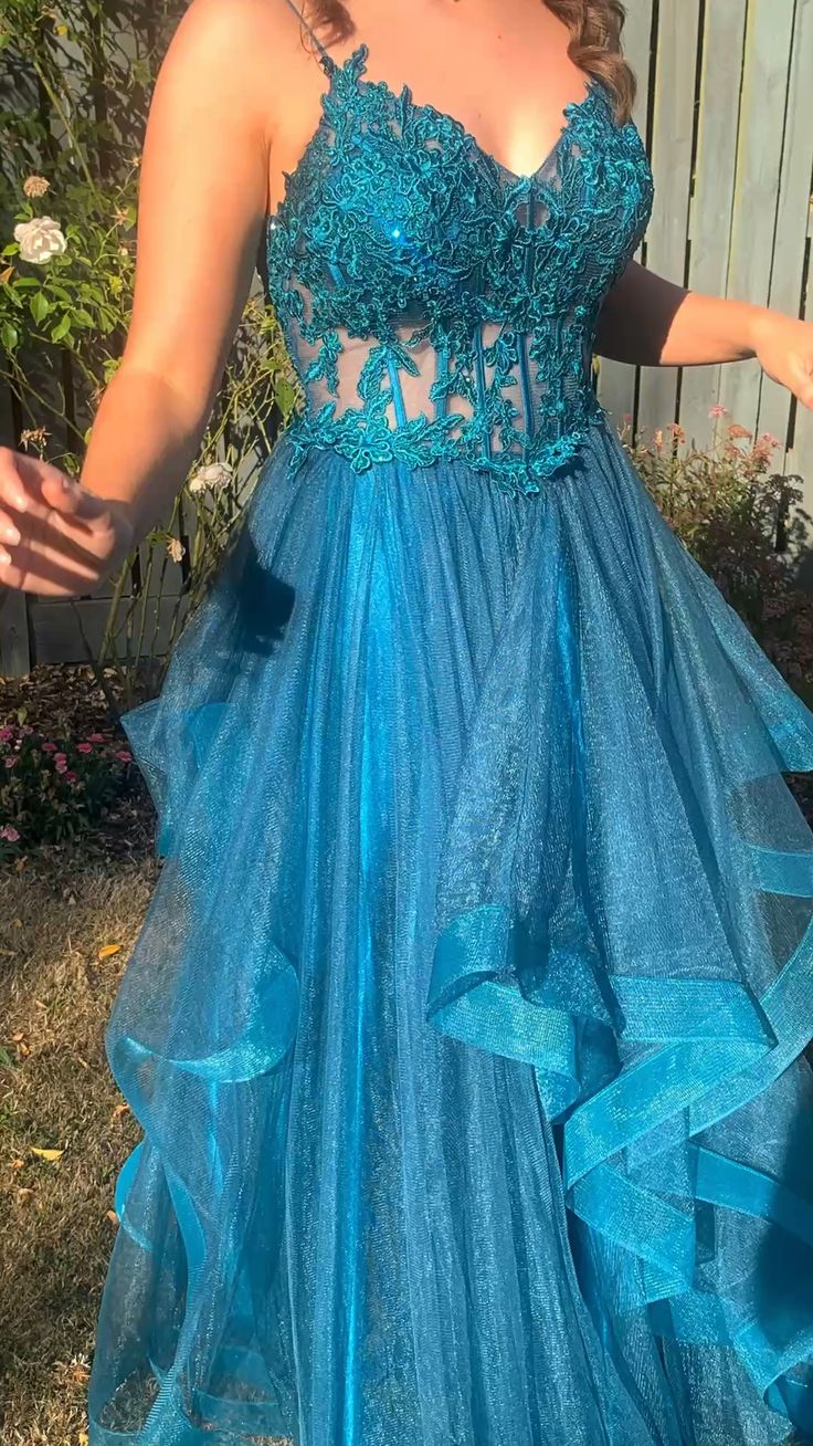 A-line Spaghetti Straps V Neck Tulle Lace Long Prom Dress Formal Dress fg4302 - Image 4