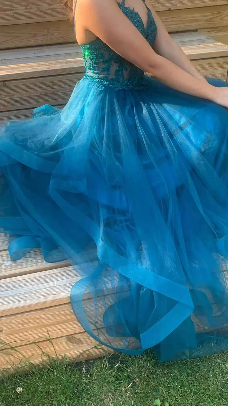 A-line Spaghetti Straps V Neck Tulle Lace Long Prom Dress Formal Dress fg4302 - Image 5