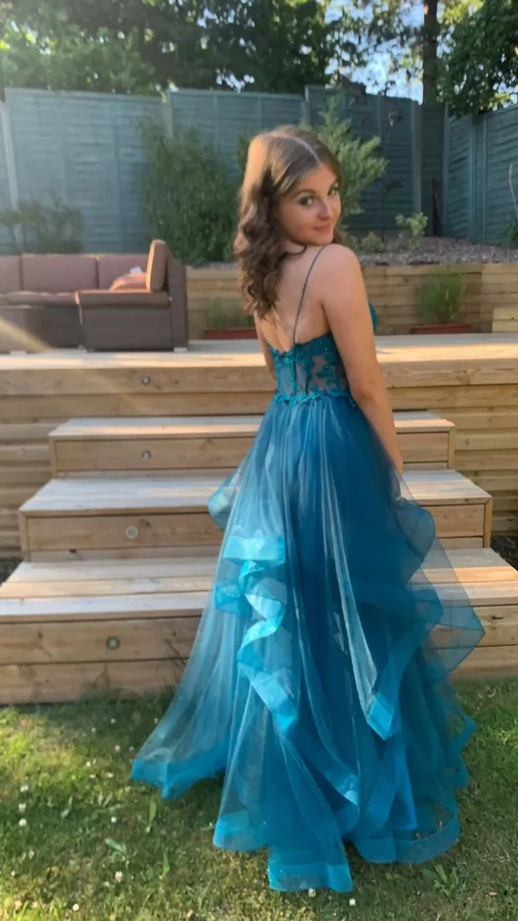 A-line Spaghetti Straps V Neck Tulle Lace Long Prom Dress Formal Dress fg4302 - Image 6