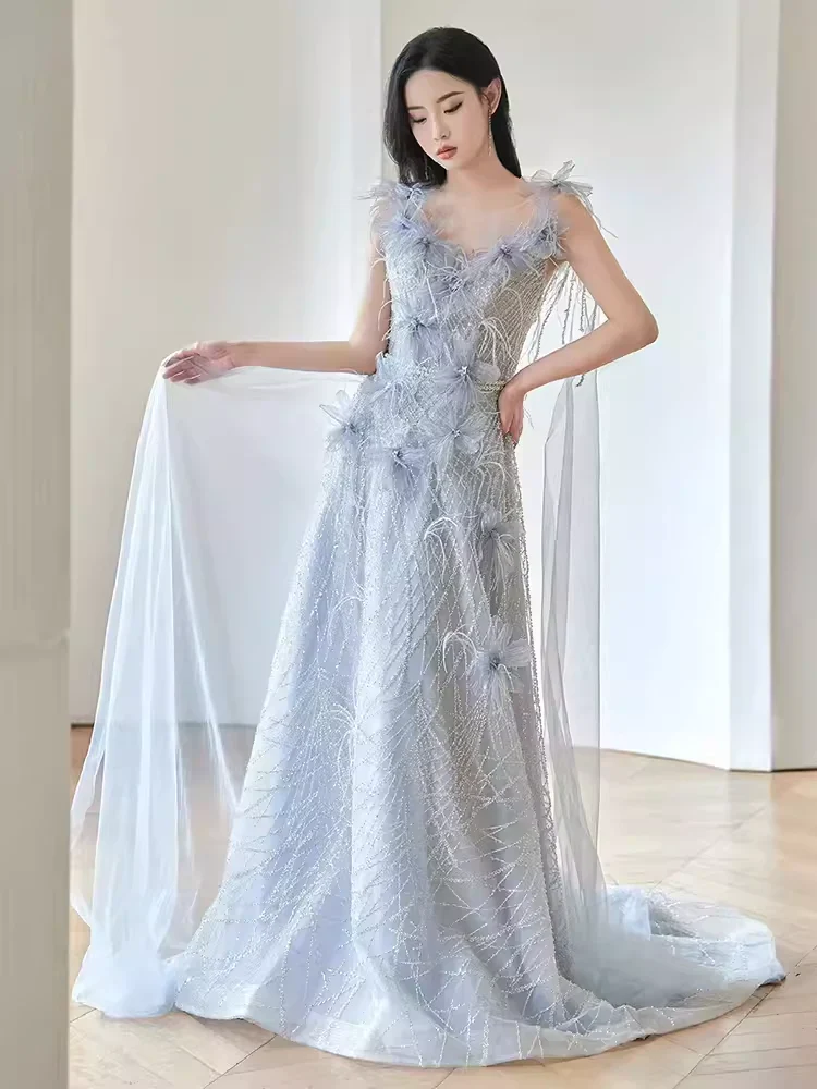 A line Straps Sequin Beads Long Evening Dress Prom Dresses With Flowers fg8586