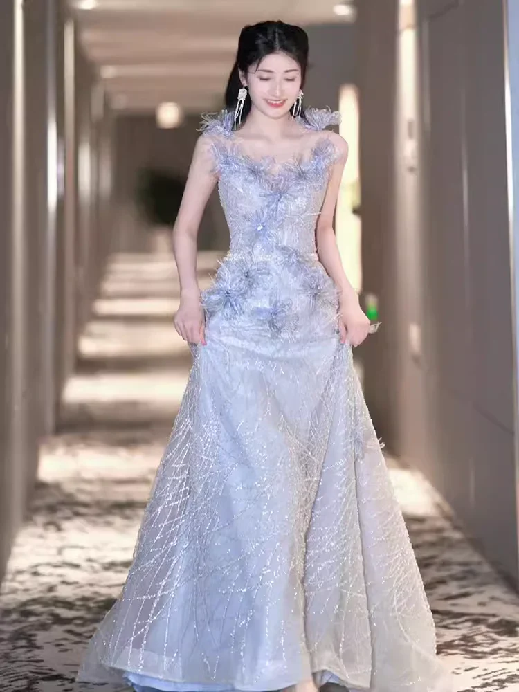 A line Straps Sequin Beads Long Evening Dress Prom Dresses With Flowers fg8586 - Image 2