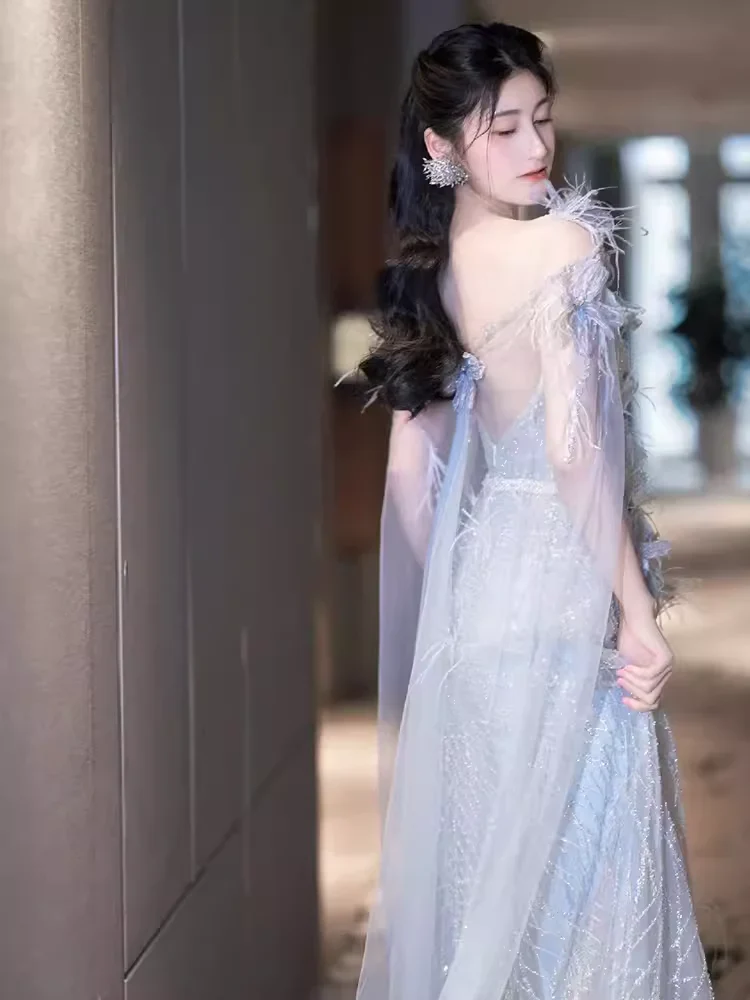 A line Straps Sequin Beads Long Evening Dress Prom Dresses With Flowers fg8586 - Image 4