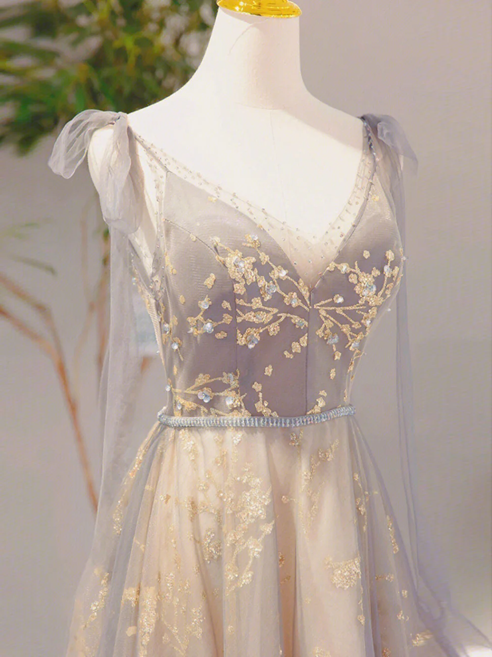 A-Line V Neck Gray Long Prom Dress, Tulle Sequin Lace Long Forma Dresses     fg5711 - Image 3