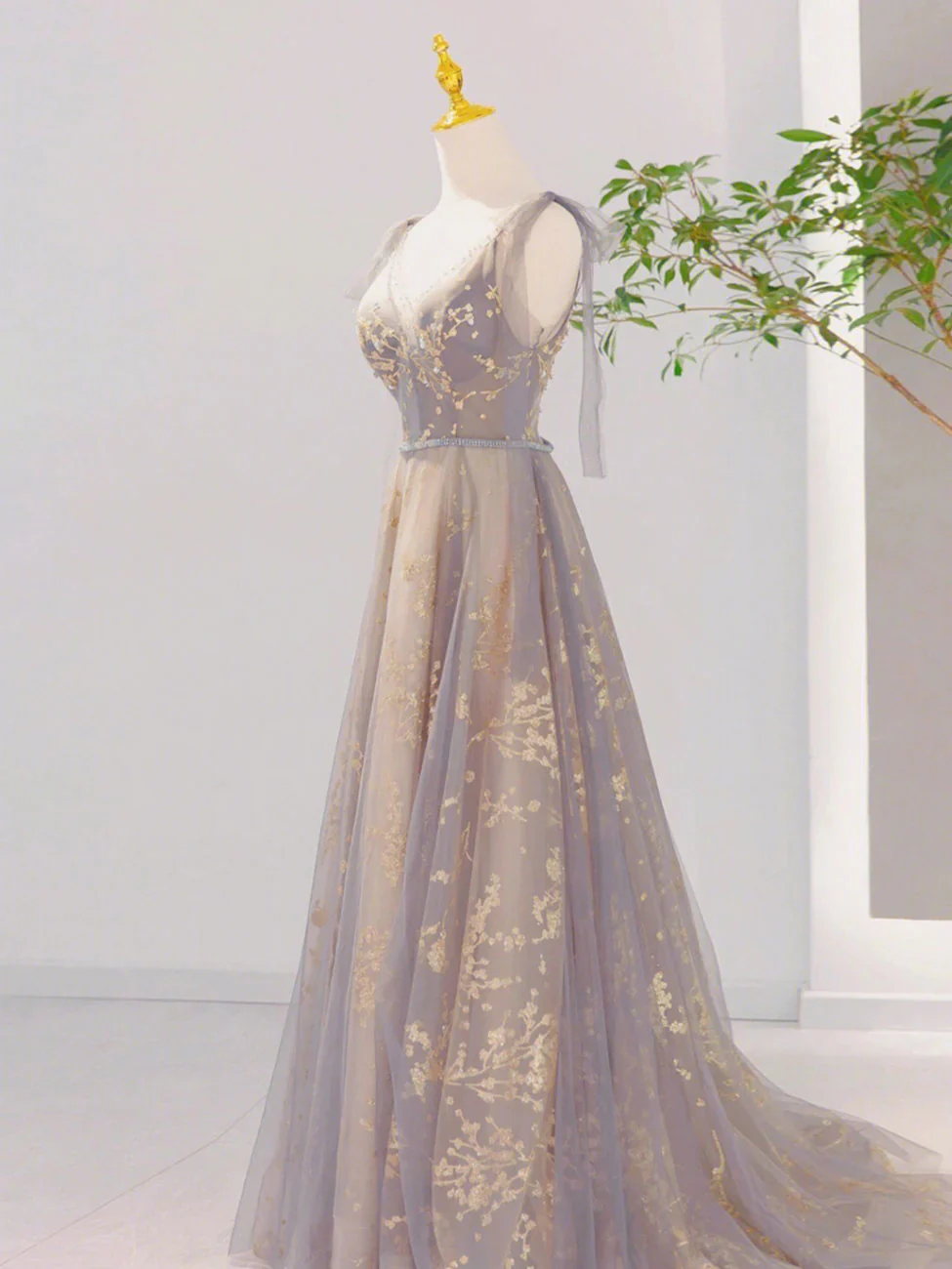 A-Line V Neck Gray Long Prom Dress, Tulle Sequin Lace Long Forma Dresses     fg5711 - Image 4