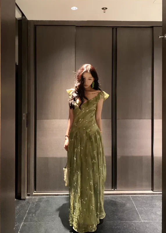 A Line V Neck Prom Party Dress Chiffon Green Flora Evening Dress fg8689 - Image 2