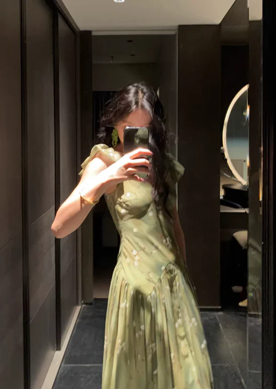 A Line V Neck Prom Party Dress Chiffon Green Flora Evening Dress fg8689 - Image 3