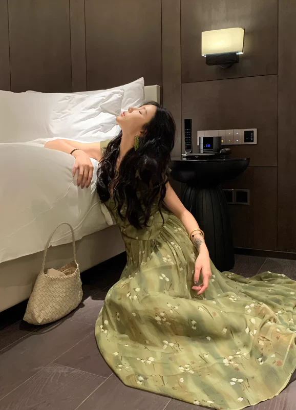 A Line V Neck Prom Party Dress Chiffon Green Flora Evening Dress fg8689 - Image 5