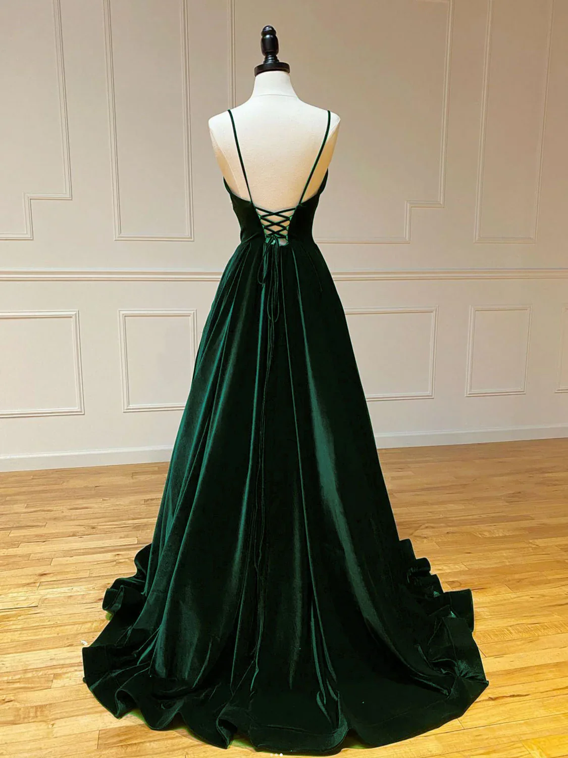 A-Line V Neck Velvet Green Long Prom Dresses, Green Velvet Formal Dress fg4435 - Image 2