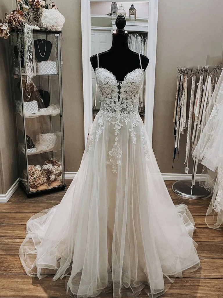 A-line v Neck White Lace Wedding Dresses, V Neck White Lace Formal Prom Dresses fg4485 - Image 2