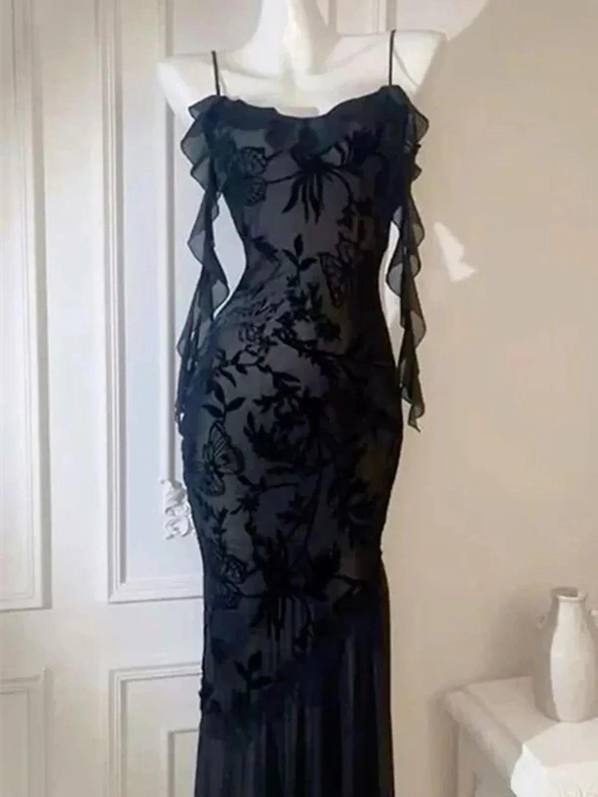 Black Lace Mermaid Maxi Dress Prom Dress, Gothic Lace Black Evening Dress  fg8724 - Image 2