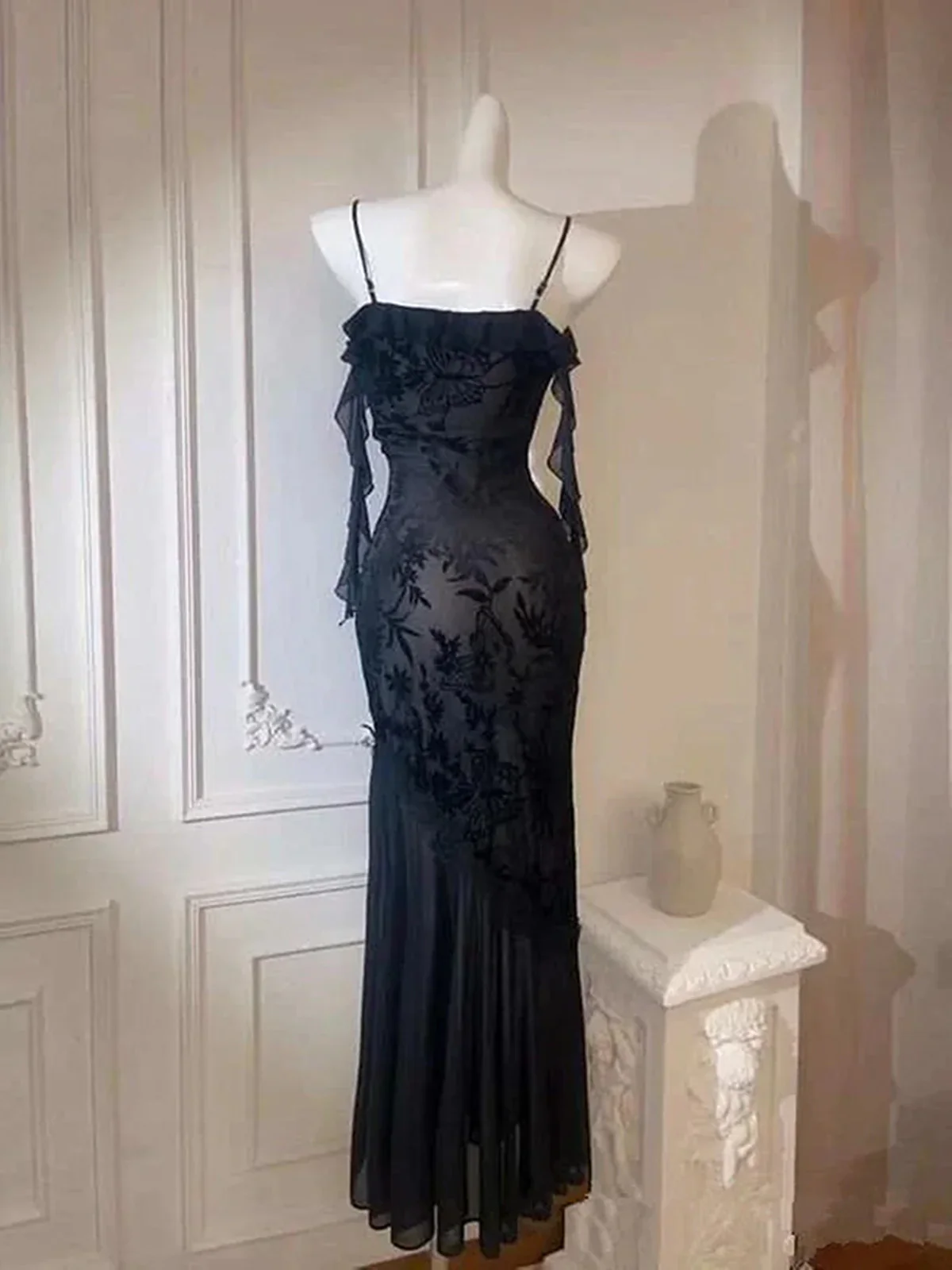 Black Lace Mermaid Maxi Dress Prom Dress, Gothic Lace Black Evening Dress  fg8724 - Image 3