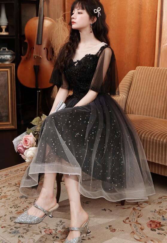 Black Short Sleeves Gradient Tulle And Lace Party Dress, Lovely Black Formal Dresses Bridesmaid Dress      fg3699 - Image 2