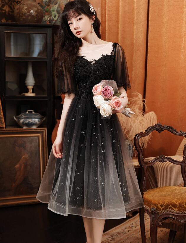Black Short Sleeves Gradient Tulle And Lace Party Dress, Lovely Black Formal Dresses Bridesmaid Dress      fg3699 - Image 3