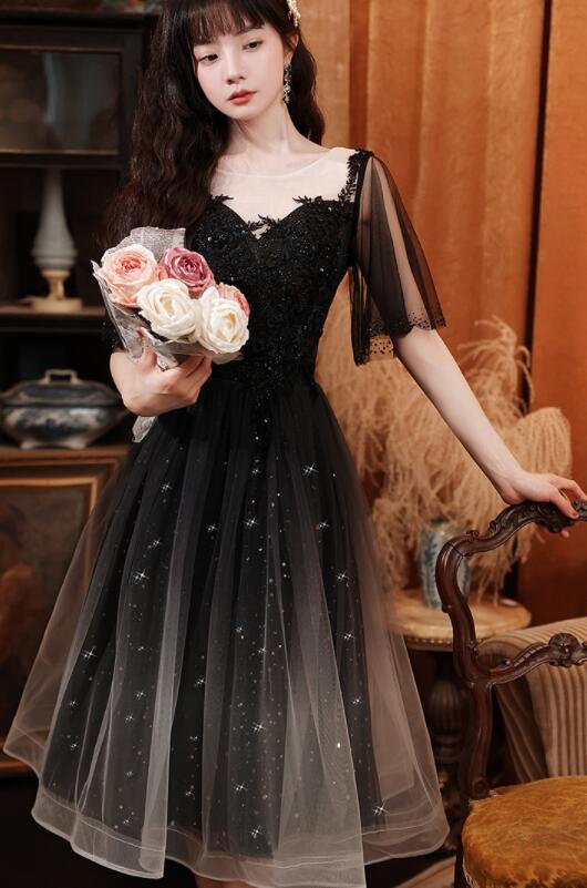 Black Short Sleeves Gradient Tulle And Lace Party Dress, Lovely Black Formal Dresses Bridesmaid Dress      fg3699 - Image 4