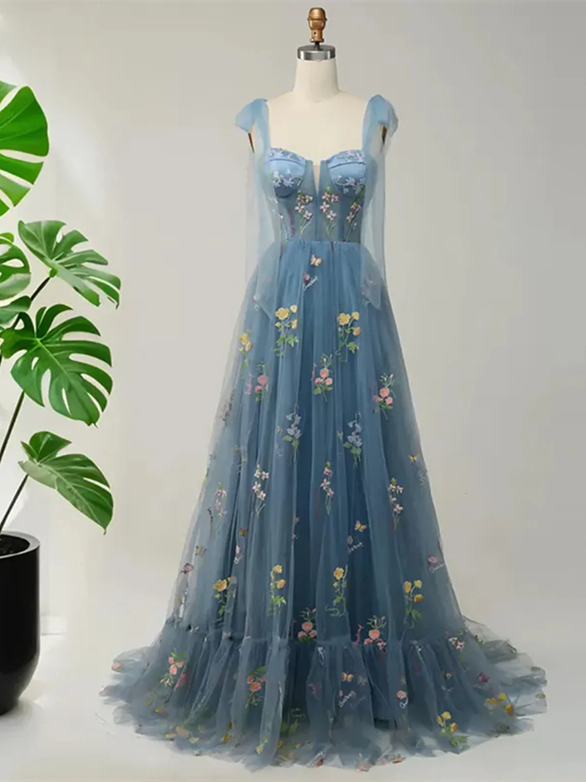 Blue Floral Embroidery Tulle Prom Dress, A-Line Fairy Gown Blue Party Dress fg8741