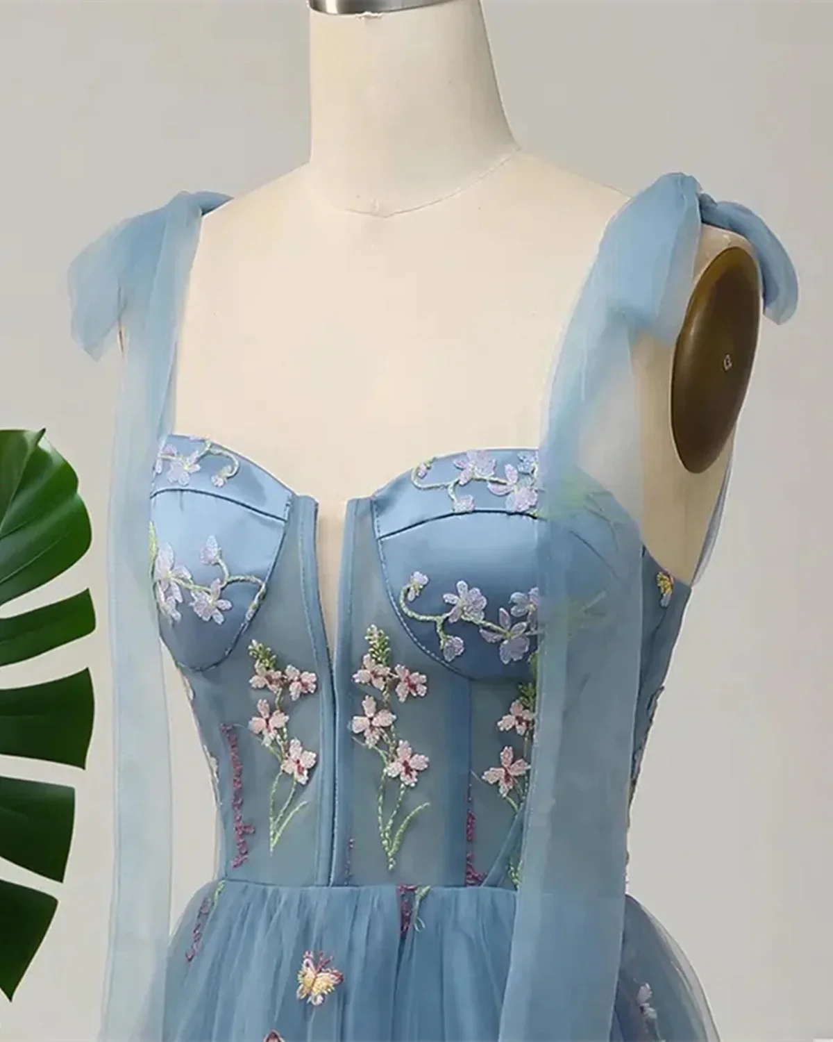 Blue Floral Embroidery Tulle Prom Dress, A-Line Fairy Gown Blue Party Dress fg8741 - Image 2