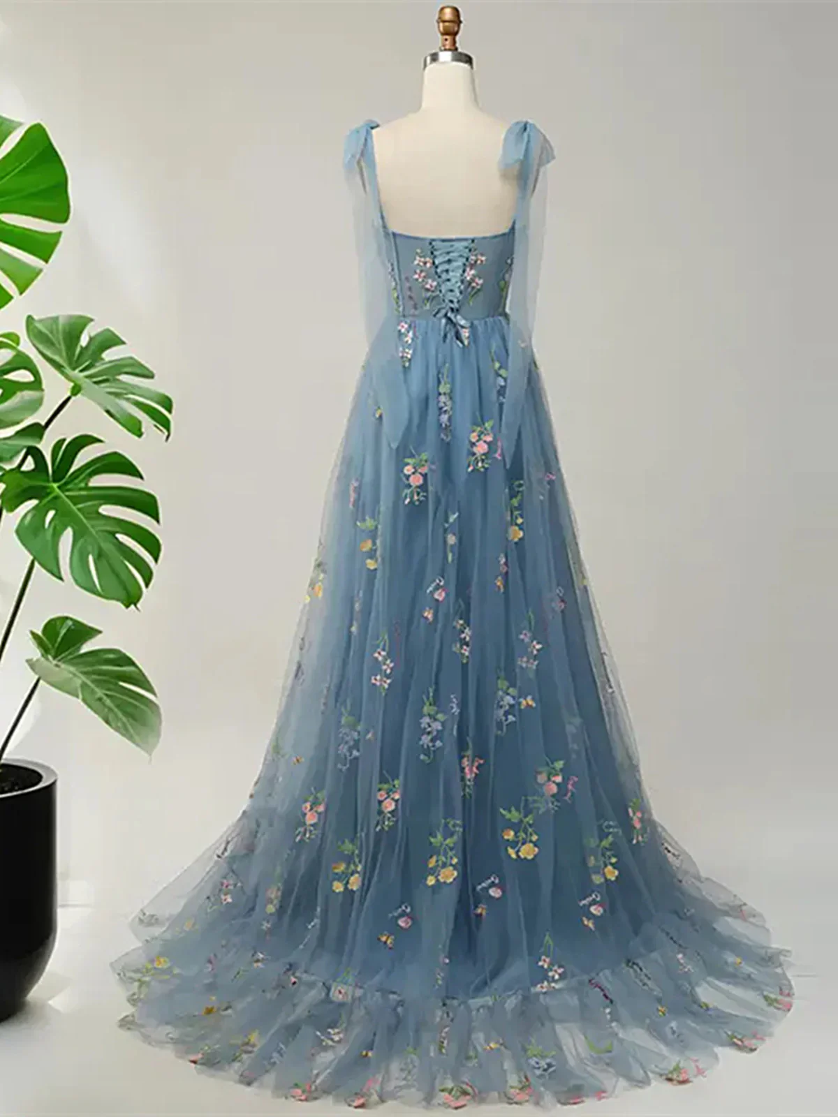 Blue Floral Embroidery Tulle Prom Dress, A-Line Fairy Gown Blue Party Dress fg8741 - Image 3
