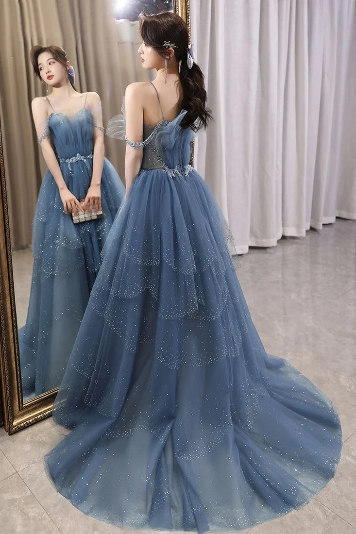 Blue Gorgeous Spaghetti Straps Tiered Tulle Prom Dress, Sparkly Dress With Beading fg4000 - Image 2