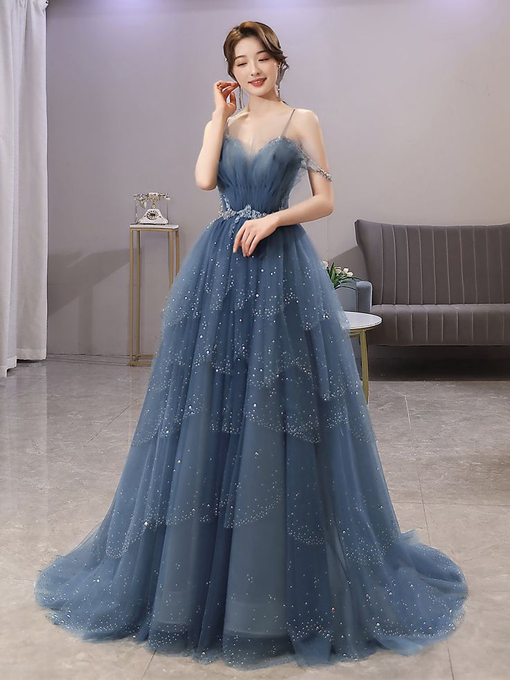 Blue Gorgeous Spaghetti Straps Tiered Tulle Prom Dress, Sparkly Dress With Beading fg4000 - Image 3