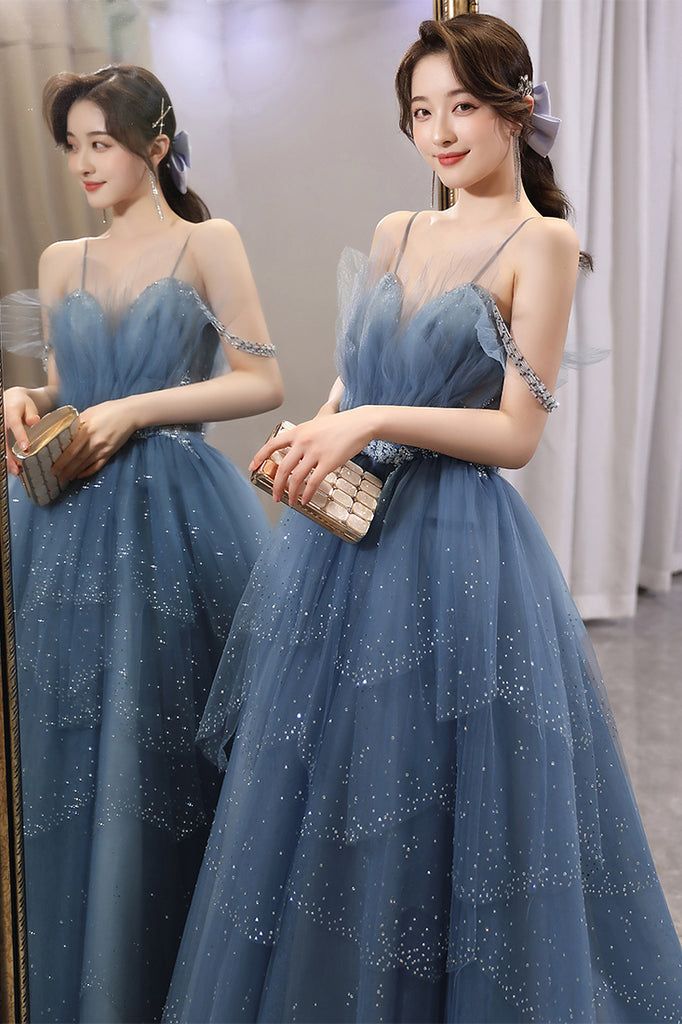 Blue Gorgeous Spaghetti Straps Tiered Tulle Prom Dress, Sparkly Dress With Beading fg4000 - Image 4