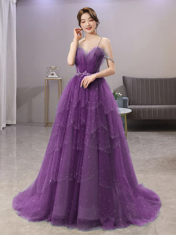 Blue Gorgeous Spaghetti Straps Tiered Tulle Prom Dress, Sparkly Dress With Beading fg4000 - Image 6