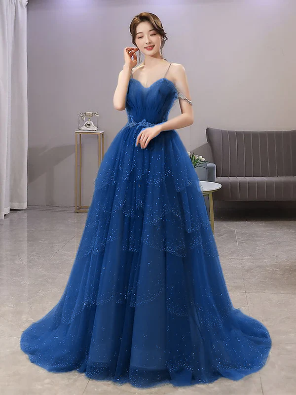 Blue Gorgeous Spaghetti Straps Tiered Tulle Prom Dress, Sparkly Dress With Beading fg4000 - Image 7