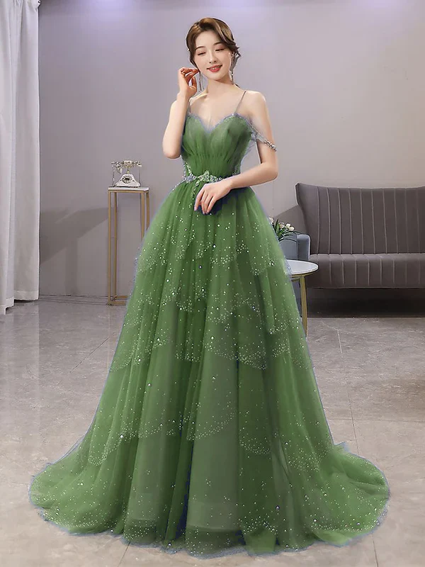 Blue Gorgeous Spaghetti Straps Tiered Tulle Prom Dress, Sparkly Dress With Beading fg4000 - Image 9