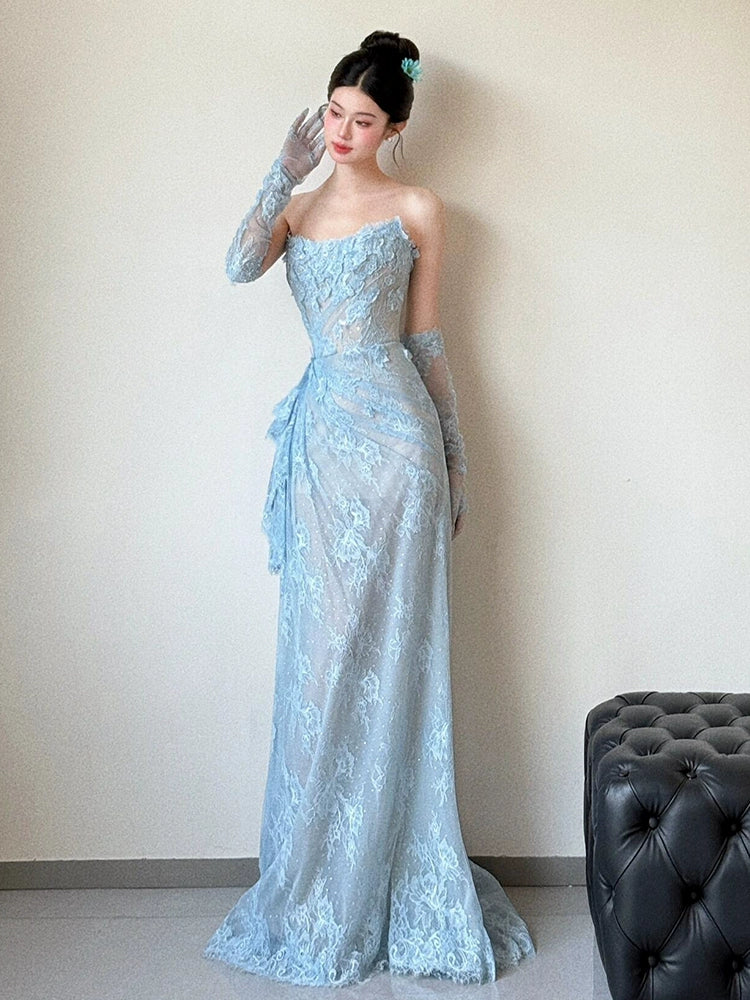 Blue Lace Mermaid Long Prom Dress Sexy Evening Dresses With Side Split fg7665 - Image 2